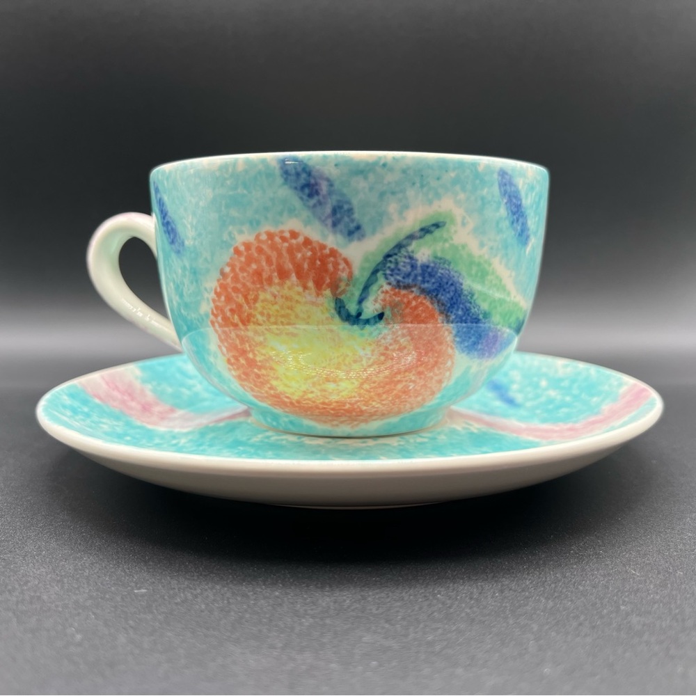 Oversized Vintage Hand Painted Cup & Saucer | Bright Pastel Colors Pretty Fruits